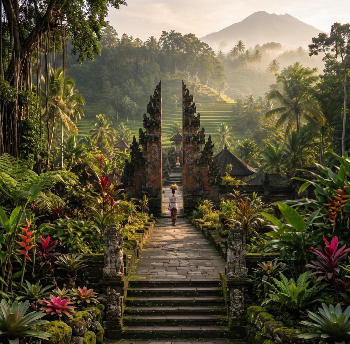 Temple path through Bali's green highlands